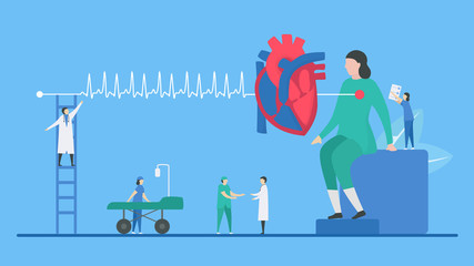 Cardiology vector illustration. Heart disease problem called tachycardia arrhythmia. Periodic signal is fast impulse response. Flat tiny style.