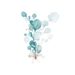 Fototapeta na wymiar Hand drawing watercolor bouquet of Eucalyptus leaves and flowers. illustration isolated on white