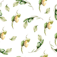 Pattern with lemons, leaves and branches. Watercolor