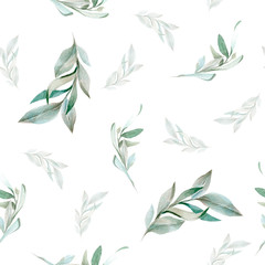 Pattern of olive leaves and branches. Watercolor
