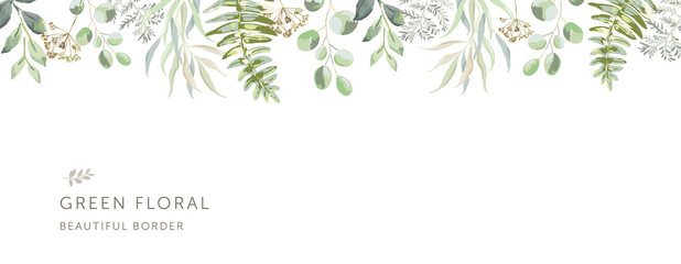 Delicate border of the forest green leaves, white background. Wedding invitation banner frame. Greenery, fern. Vector illustration. Floral arrangement. Design template greeting card - 330068531