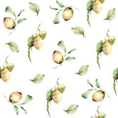 Hand drawing watercolor pattern with lemons, leaves and branches. illustration isolated on white