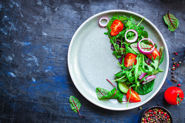 Healthy salad, leaves mix salad (mix micro greens, cucumber, tomato, onion, other ingredients). keto or paleo diet top concept, food background copy space for text