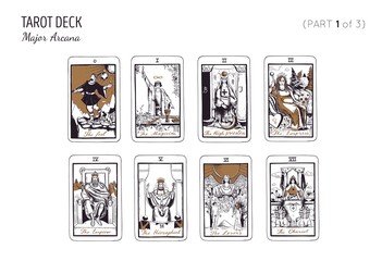 Tarot card deck. Major arcana set part 3 of 3 . Vector hand drawn engraved style. Occult and alchemy symbolism. The sun, moon, star, temperance, tower, world, judgement