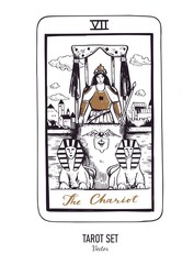 Vector hand drawn Tarot card deck. Major arcana the Chariot. Engraved vintage style. Occult, spiritual and alchemy symbolism