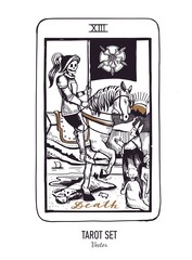 Vector hand drawn Tarot card deck. Major arcana Death. Engraved vintage style. Occult, spiritual and alchemy symbolism