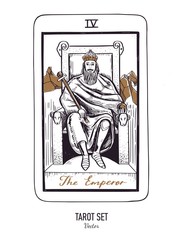 Vector hand drawn Tarot card deck. Major arcana the Emperor. Engraved vintage style. Occult, spiritual and alchemy symbolism
