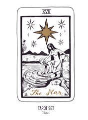 Vector hand drawn Tarot card deck. Major arcana The Star. Engraved vintage style. Occult, spiritual and alchemy