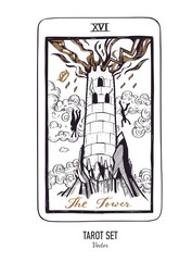Vector hand drawn Tarot card deck. Major arcana the Tower. Engraved vintage style. Occult, spiritual and alchemy
