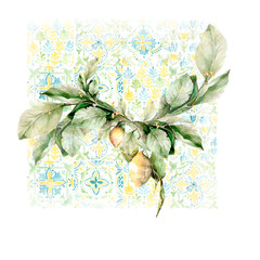 Hand drawing watercolor arrangement of Italy - of the branches, the leaves of lemons on the background tiles. illustration isolated on white