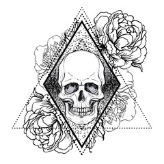 Human skull with peony, rose and poppy flowers over sacred geometry background.Tattoo design element. Vector illustration.
