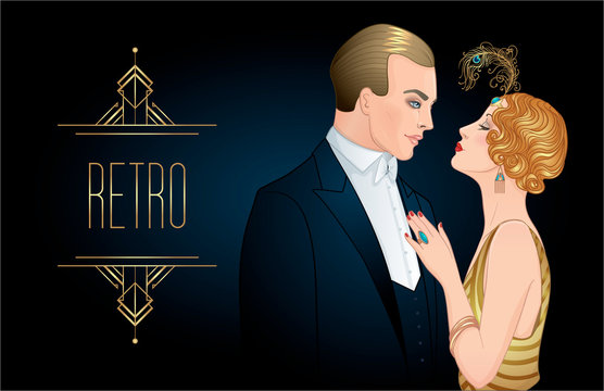 Beautiful couple in art deco style. Retro fashion: glamour man and woman of twenties. Vector illustration. Flapper 20's style. Vintage party or thematic wedding invitation design template.