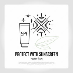 Sunscreen bottle thin line icon. Sun protection on the beach. Skin care. Vector illustration.
