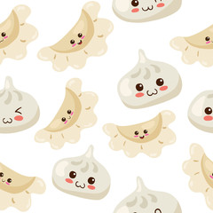 Seamless vector pattern with kawaii steamed buns & dumplings (Dim Sum, Khinkali). Cute food characters illustration for wrapping paper, postcard, textile, background texture, food hall decoration.