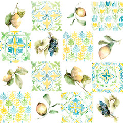 Hand drawing watercolor pattern with ornament of Italian geometric blue-yellow tiles,sicily  lemons, leaves and grapes. illustration isolated on white