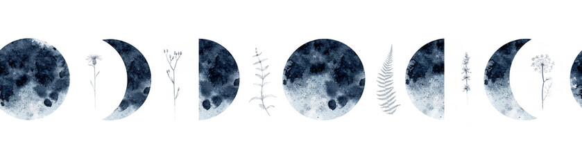 Watercolor seamless border pattern with moon phases medicinal herbs, lavender, mint, fennel, fern and more. For various decor.