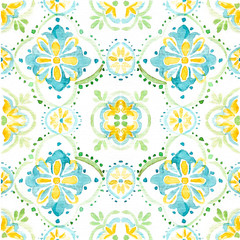 Hand drawing watercolor pattern with ornament of Italian geometric blue-yellow tiles. illustration isolated on white