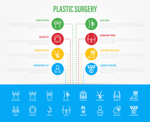 Plastic surgery infographics with thin line icons. Symbols of breast enlargement, reduction, implant, liposuction, facelift, rhinoplasty, buttock lift, hair replacement. Vector illustration.