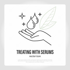 Skin care treatment by serum. Two droplets fall in hand. Thin line icon. Essential oil, collagen, hyaluronic serum. Vector illustration.