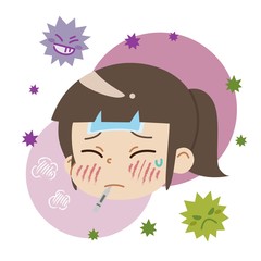 熱が出ている女の子とウイルス（主線なし）