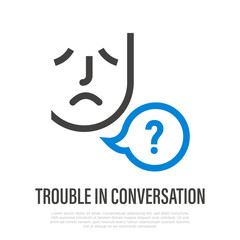 Trouble following conversation. Symptom of Alzheimer's disease. Thin line icon. Sad man and speech bubble with question mark. Misunderstanding. Vector illustration.