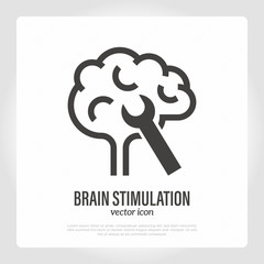 Brain stimulation, medication with Alzheimer's disease. Human brain with wrench. Thin line icon. Healthcare and medical vector illustration.