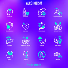 Alcoholism thin line icons set. Strong drink, withdrawal symptoms, vitamin deficiency, decreased immunity, internal organs damage, depression, dementia, emphysema. Vector illustration.
