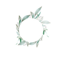 Hand drawing watercolor frame of olive branches, leaves and flowers. illustration isolated on white