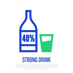 Strong drink. Bottle of alcohol and glass. Thin line icon. Vector illustration.