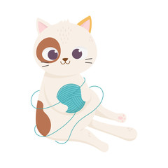 cats make me happy, spotted cat with ball of wool cartoon