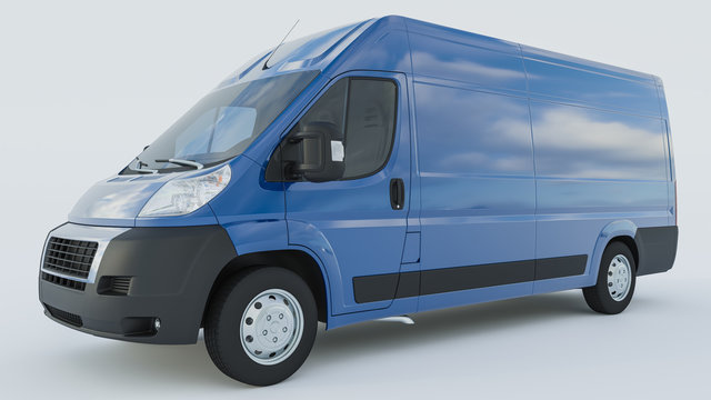 Blue Delivery Van on White Background 3D Rendering