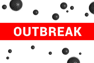 Bright red headline with inscription OUTBREAK on white with abstract Covid-19 virus strain model. Coronavirus confirmed as pandemic by World Health Organization