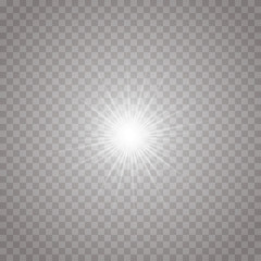 White glowing light explodes on a transparent background. Sparkling magical dust particles. Bright Star. Transparent shining sun, bright flash. Vector sparkles. To center a bright flash.
