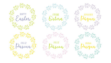 Hand drawn set of wreaths Happy Easter quotes in different languages: Spanish, English, German, Italian, French, Portuguese. Holiday lettering for greeting card, ad, promotion, poster, flyer, banner.