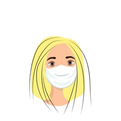 Blonde girl in a medical mask isolated on white background. Precautions against virus, air pollution, smog. Nursing staff in a flat style. Outbreak Defense. Stock vector illustration for design.
