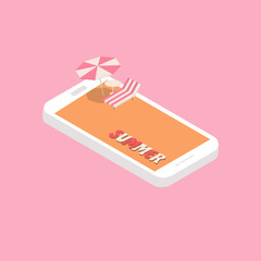 Summer concept. Smartphone with pink and white umbrella, chair and table on orange scene of phone on pink background.