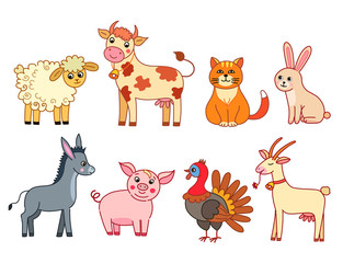 Cartoon collection of domestic animals on white background