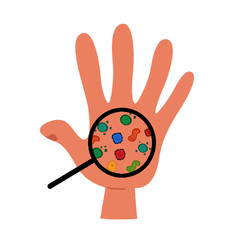 Carton hand full of microbes seen from a magnifying glass