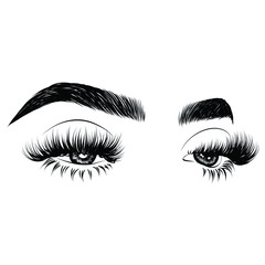  Fashion illustration of the eye with long full lashes. Hand drawn vector idea for business visфit cards, templates, web, salon banners,brochures. Natural eyebrows and modern makeup