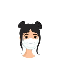 Obraz na płótnie Canvas Face of a girl in a medical mask isolated on white background. Precautions against virus, air pollution, smog. Nursing staff in a flat style. Outbreak Defense. Stock vector illustration for design.
