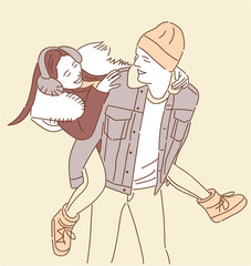 Boy in love carrying girl on his back