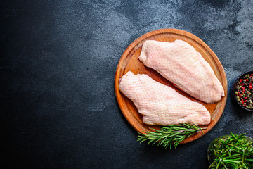 duck breast raw fillet meat, grilled meat. Menu concept food background keto or paleo diet. top...