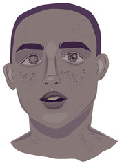 Portrait of a young man with freckles and dark lavender color hair