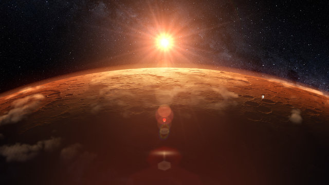 Mars planet sunset sunrise in the space 3d illustration