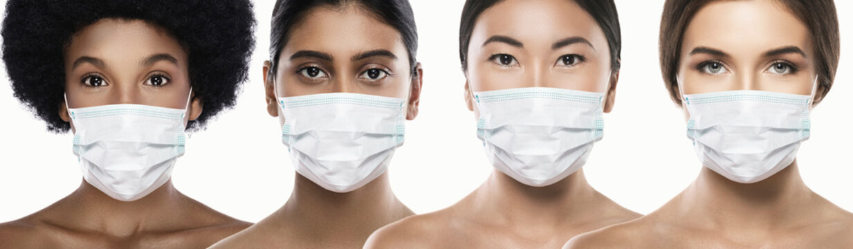 Different Ethnicity Women Wearing Face Mask For Protection Of New Coronavirus Disease