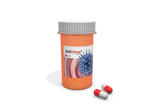 3d illustration: Fictional design. Medicine bottle of drugs with pills. The inscription "Antivirus*". The concept of a medical preparation for the treatment of coronavirus. Cell of the virus on the pa