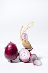 Vertical image.Still life of red onion ad old sprouted potatoes on the white background