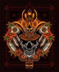 samurai helmet with skull head on black background-vector illustration art