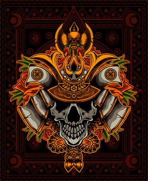 samurai helmet with skull head on black background-vector illustration art