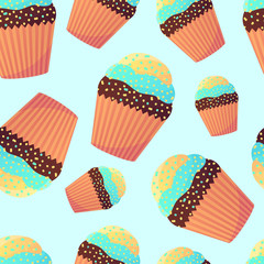 Vector seamless pattern with cupcakes on a mentol background